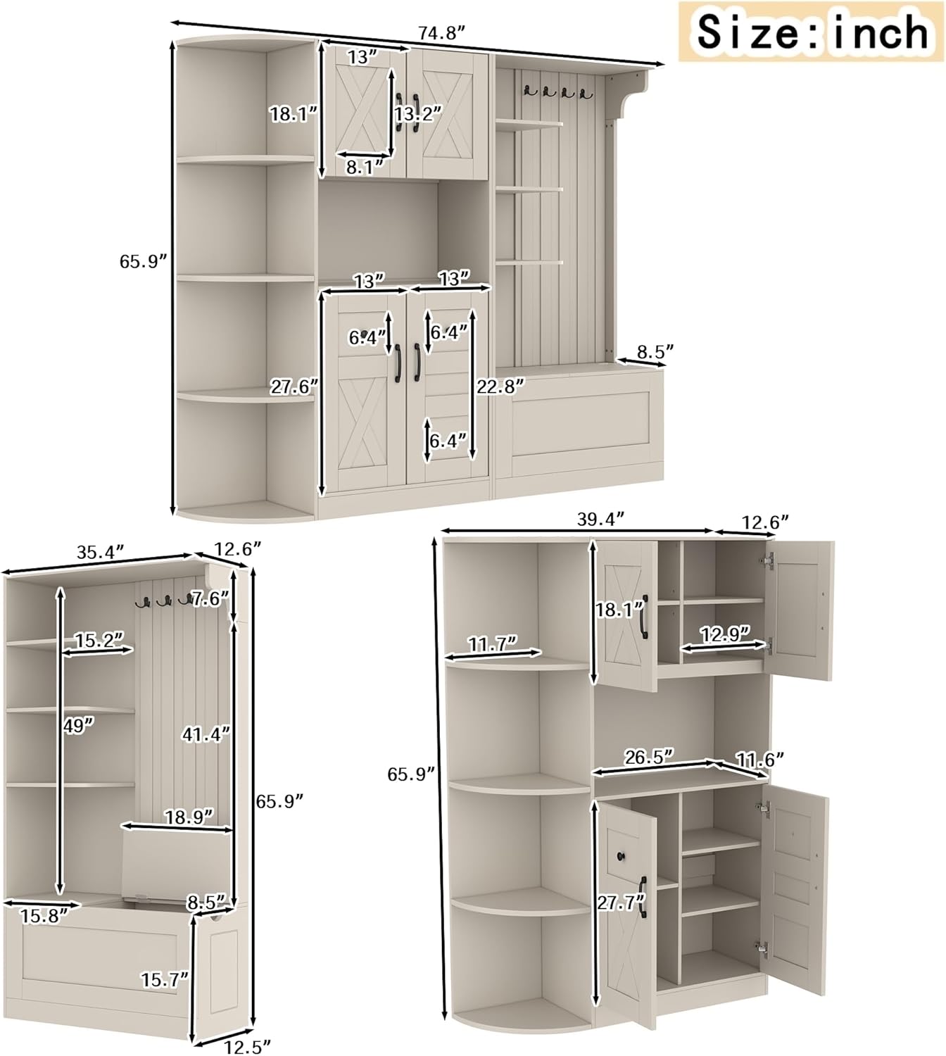 KEIKI Multifunction Entryway Storage Cabinet Set with Bench, Modular Hallway Organizer with Hooks, Open Shelves, Hidden Storage, Farmhouse Accent Cabinet for Living Room, Kitchen, Entryway, Beige