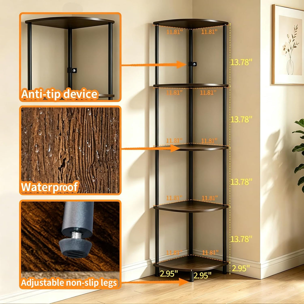 Corner Shelf Stand 5 Tier, Tall Slim Corner Bookshelf, Small Storage Display Shelving Unit for Home Office, Bathroom, Bedroom, Easy Assembly with Anti-Tip Design, Rustic Brown