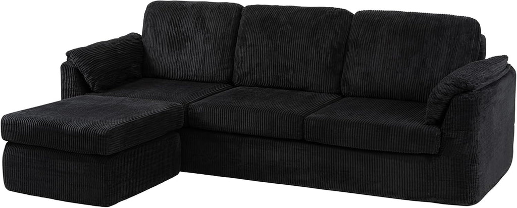 Vongrasig Boneless Convertible Sectional Sofa Couch, 3 Seat L Shaped Sofa with Removable Pillows Plush Corduroy Fabric Small Couches for Living Room, Apartment and Office, Black