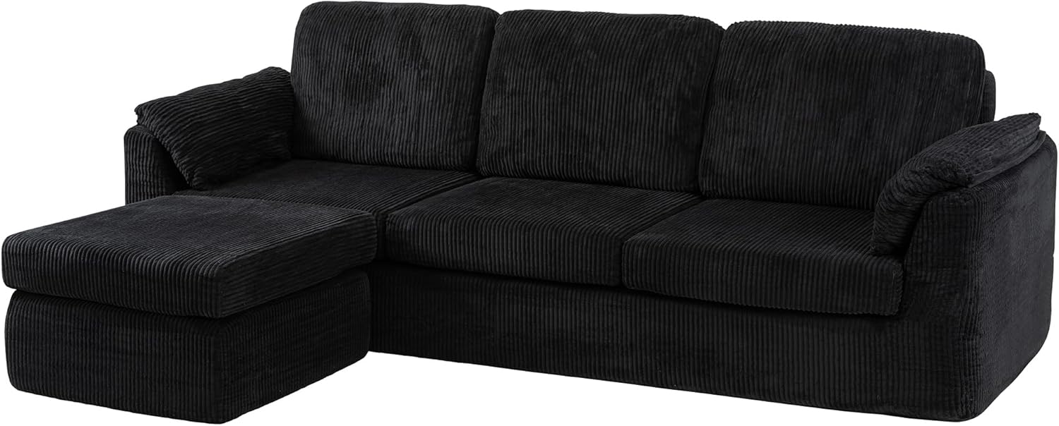 Vongrasig Boneless Convertible Sectional Sofa Couch, 3 Seat L Shaped Sofa with Removable Pillows Plush Corduroy Fabric Small Couches for Living Room, Apartment and Office, Black