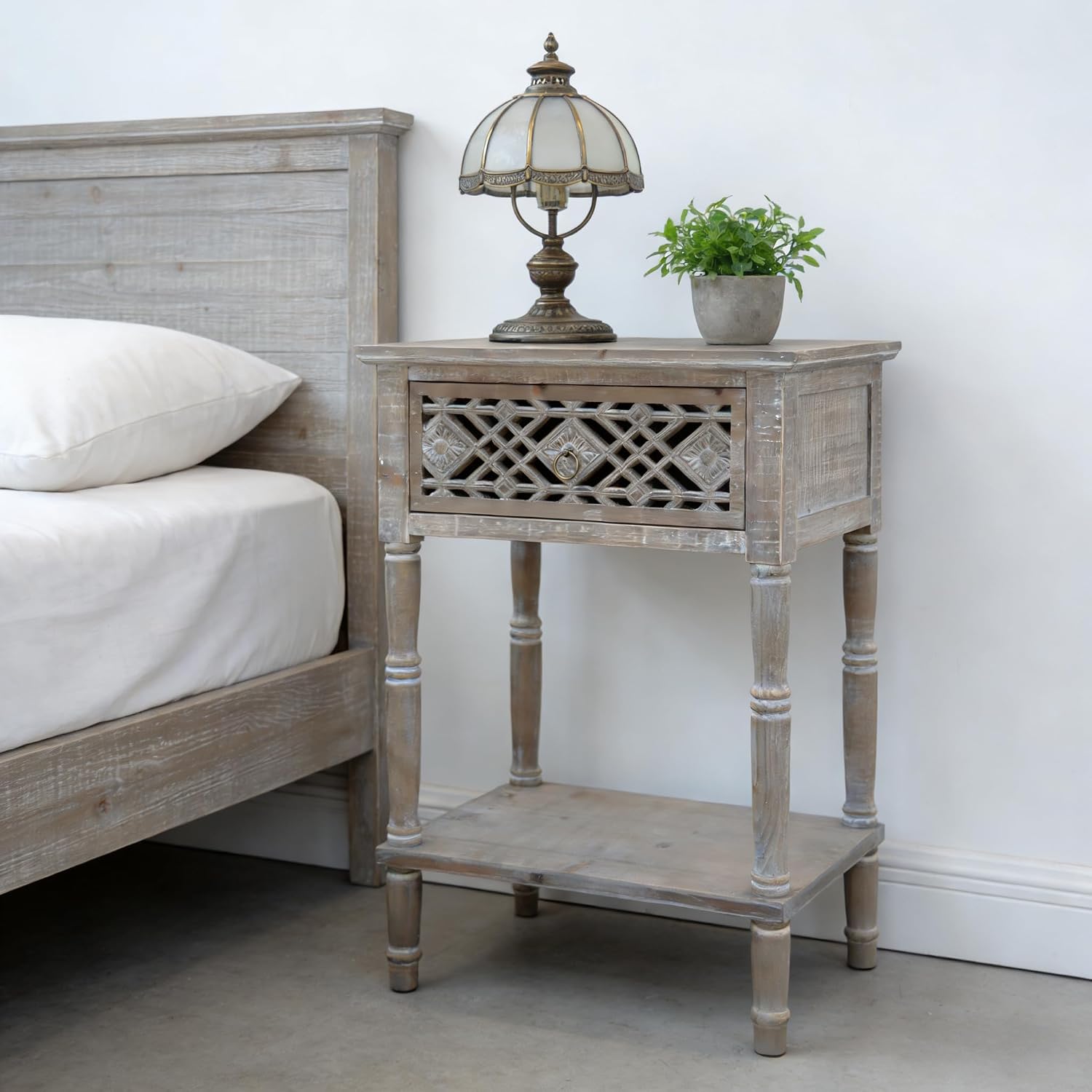 PARISLOFT Vintage Wood End Table,Farmhouse Style (Dark Gray)