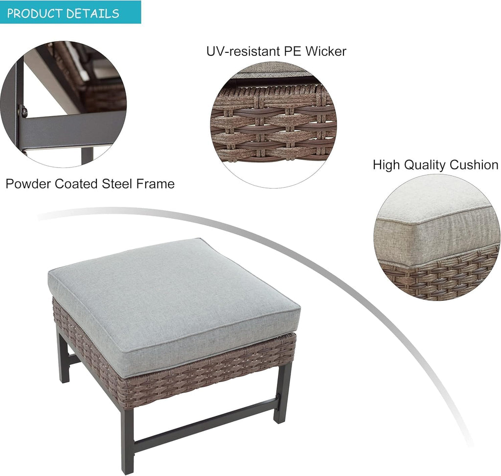 LOKATSE HOME Outdoor Patio Bistro Furniture Ottoman Footstool Rest with Premium Fabric Soft Removable Cushion and Wicker Rattan with Slatted Steel for Garden Yard Lawn Poolside, Grey