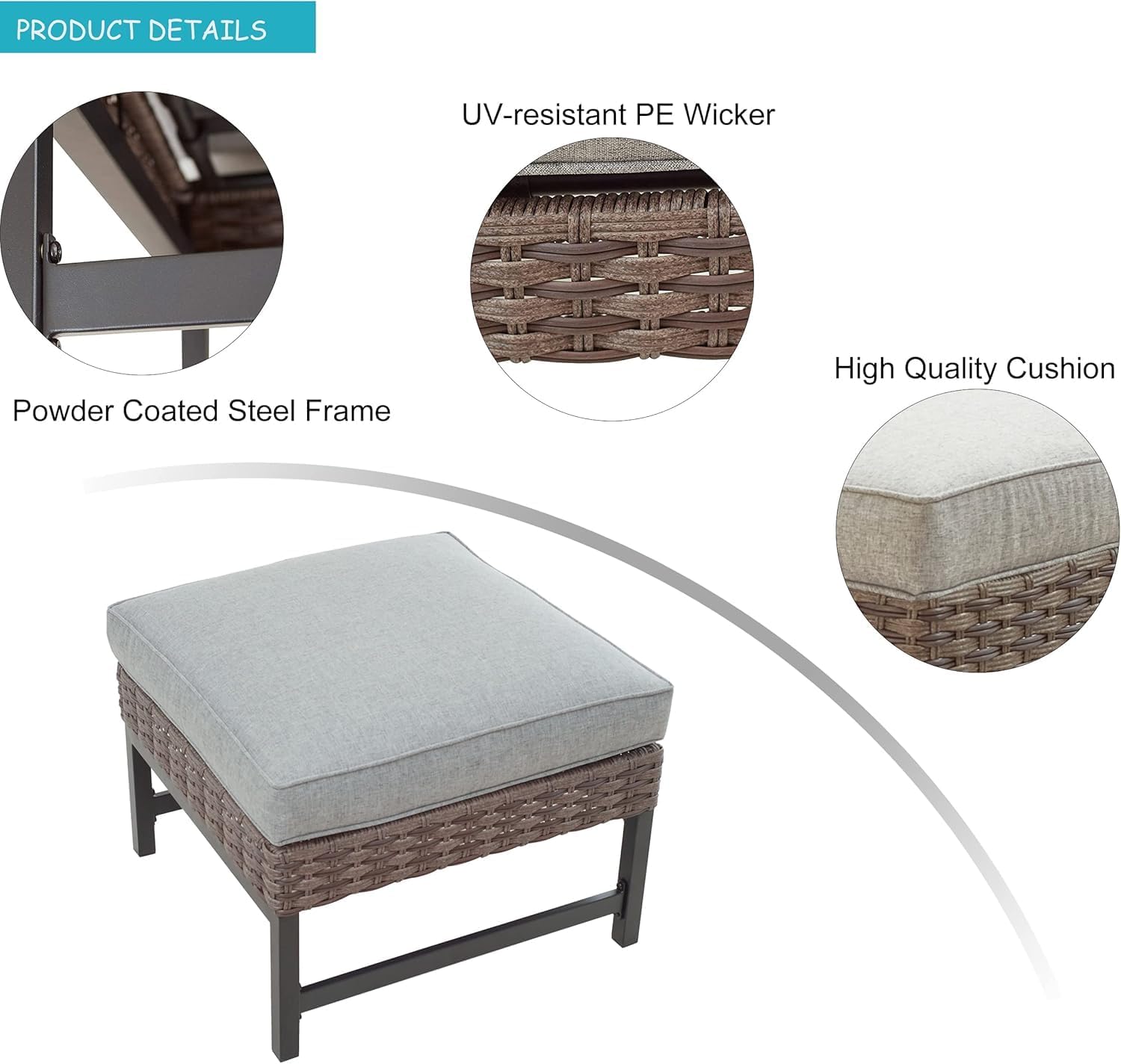 LOKATSE HOME Outdoor Patio Bistro Furniture Ottoman Footstool Rest with Premium Fabric Soft Removable Cushion and Wicker Rattan with Slatted Steel for Garden Yard Lawn Poolside, Grey