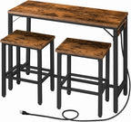 HOOBRO Bar Table and Chairs Set, 47.2" Dining Table Set with Power Outlet, 3-Piece Pub Table Set, Kitchen Bar Height Table with Stools of 2, Space Saving for Living Room, Rustic Brown BF46UBT01