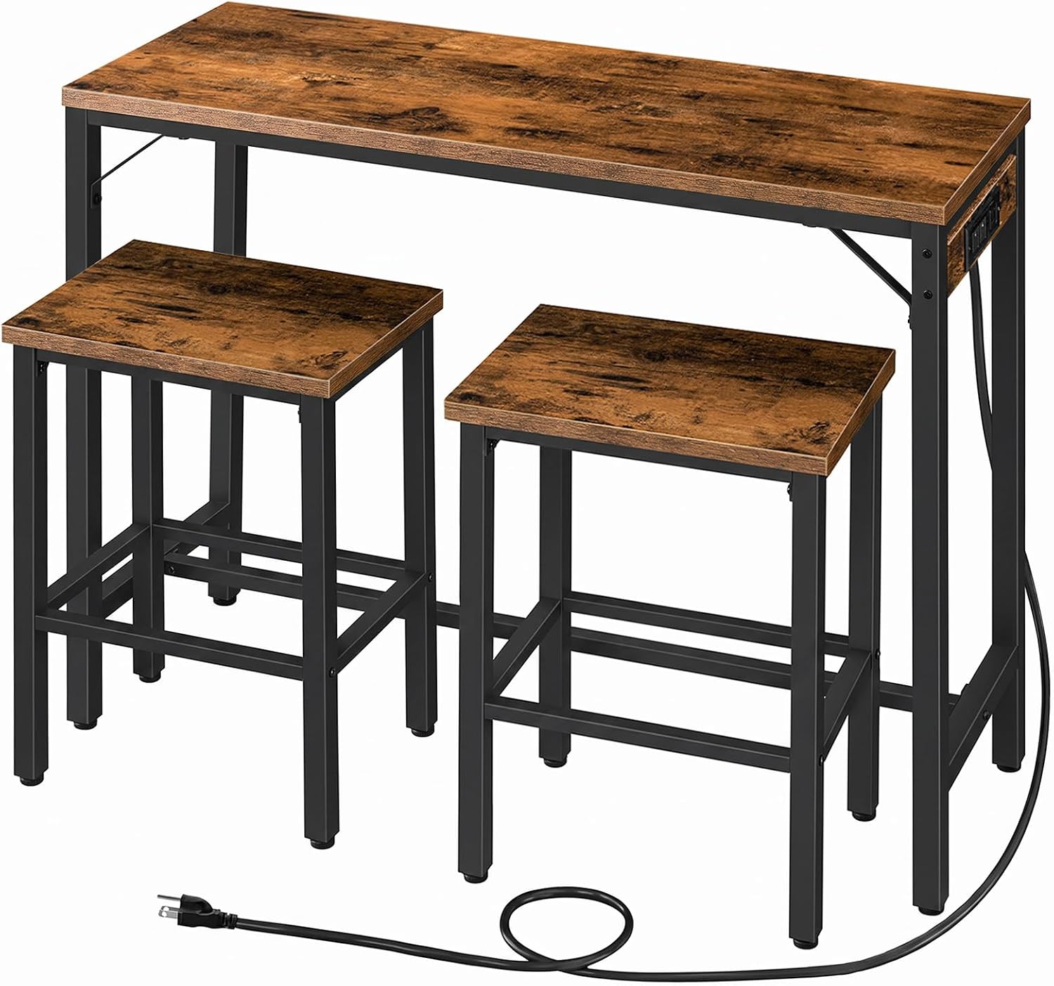 HOOBRO Bar Table and Chairs Set, 47.2" Dining Table Set with Power Outlet, 3-Piece Pub Table Set, Kitchen Bar Height Table with Stools of 2, Space Saving for Living Room, Rustic Brown BF46UBT01
