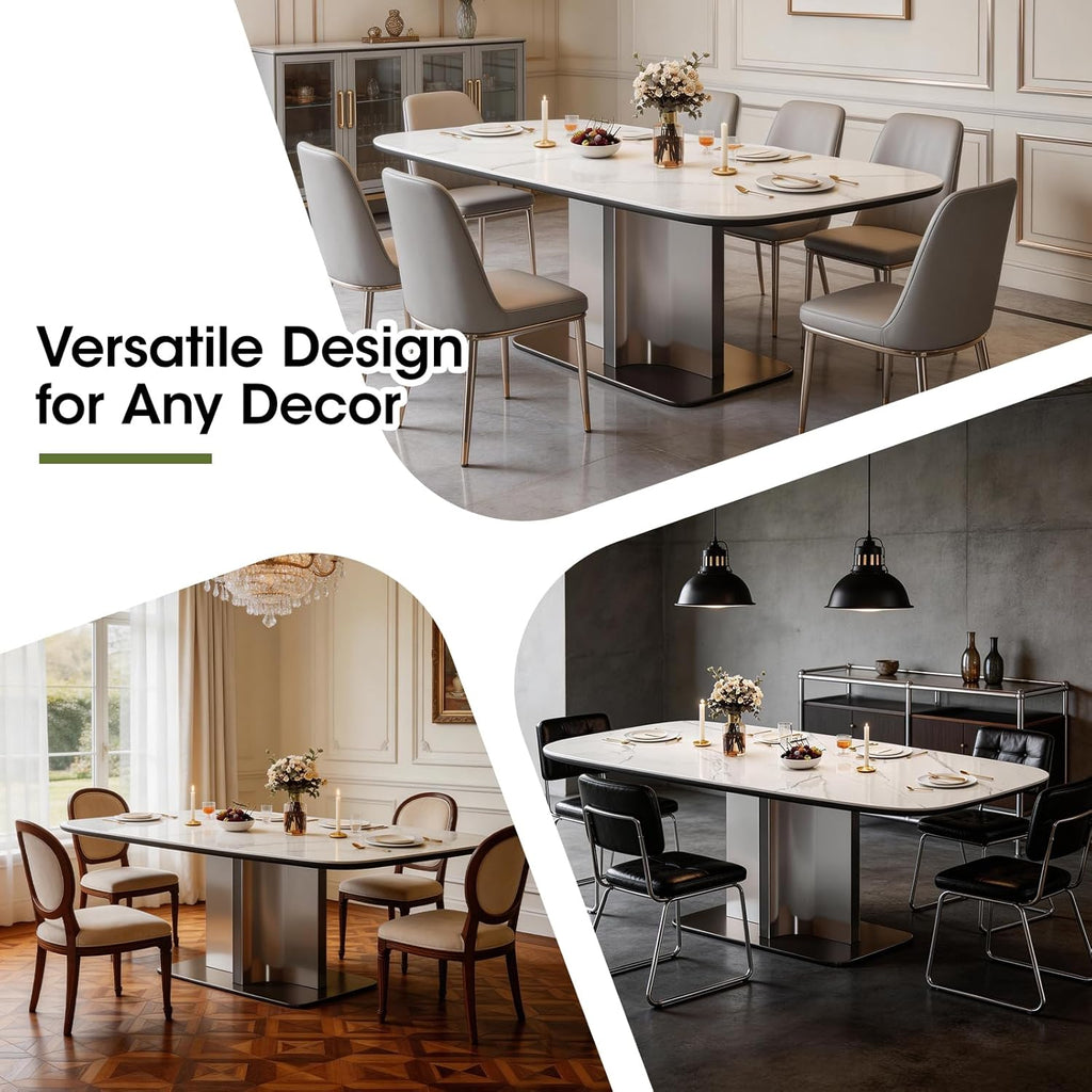 63" Modern Sintered Stone Dining Table for 6, Glossy White Rectangular Kitchen Table with Wood-Reinforced Top & Metal Pedestal Base, for Standard Dining Room, Kitchen & Family Gatherings