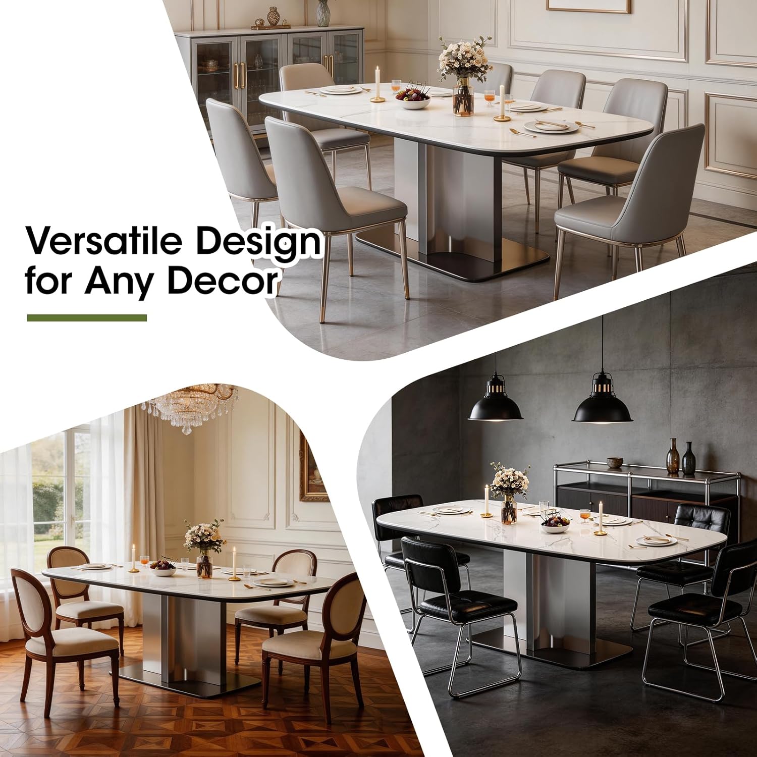 63" Modern Sintered Stone Dining Table for 6, Glossy White Rectangular Kitchen Table with Wood-Reinforced Top & Metal Pedestal Base, for Standard Dining Room, Kitchen & Family Gatherings