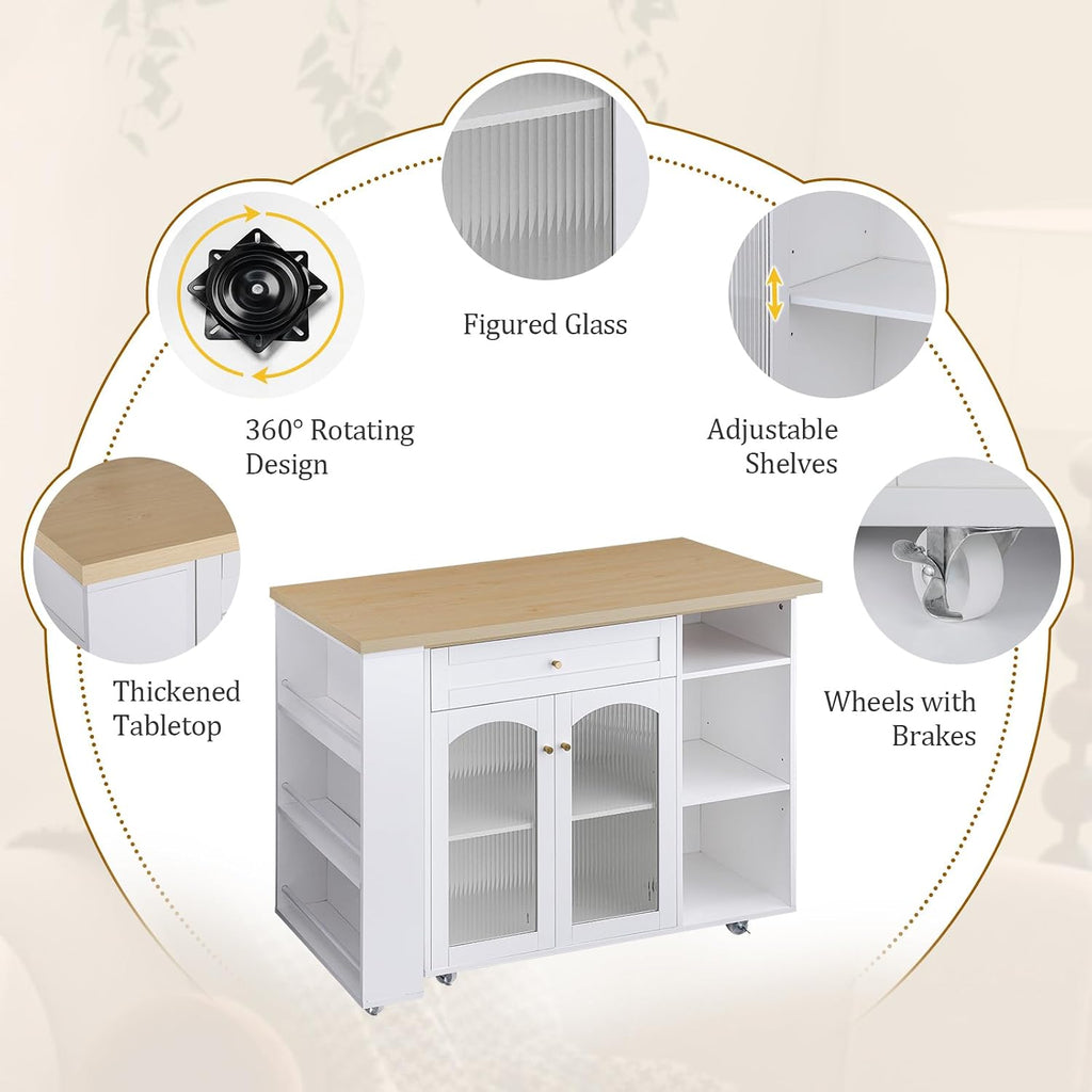 LYNCOHOME 71.1" Rolling Kitchen Island with 360° Rotating Tabletop, Mobile Lockable Wheels & Adjustable Shelves, Multifunctional Storage Cart for Kitchen & Dining（White）