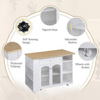 LYNCOHOME 71.1" Rolling Kitchen Island with 360° Rotating Tabletop, Mobile Lockable Wheels & Adjustable Shelves, Multifunctional Storage Cart for Kitchen & Dining（White）