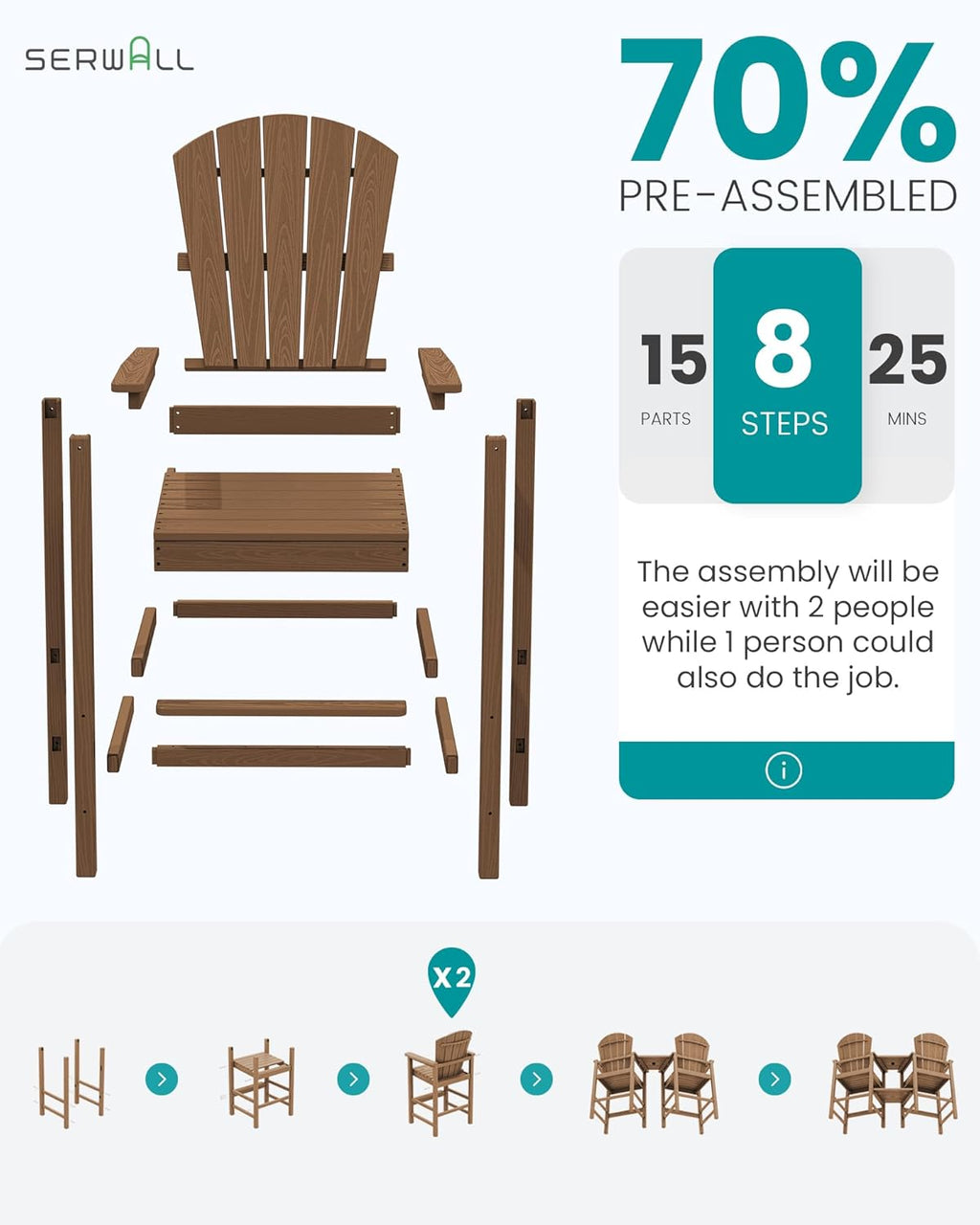 SERWALL Tall Adirondack Chairs Set of 2 with Double Layer Connecting Tray, HDPE Bar Height Outdoor Chairs, Wood-Like Adirondack Bar Stools for Patio, Balcony, Porch, Brown