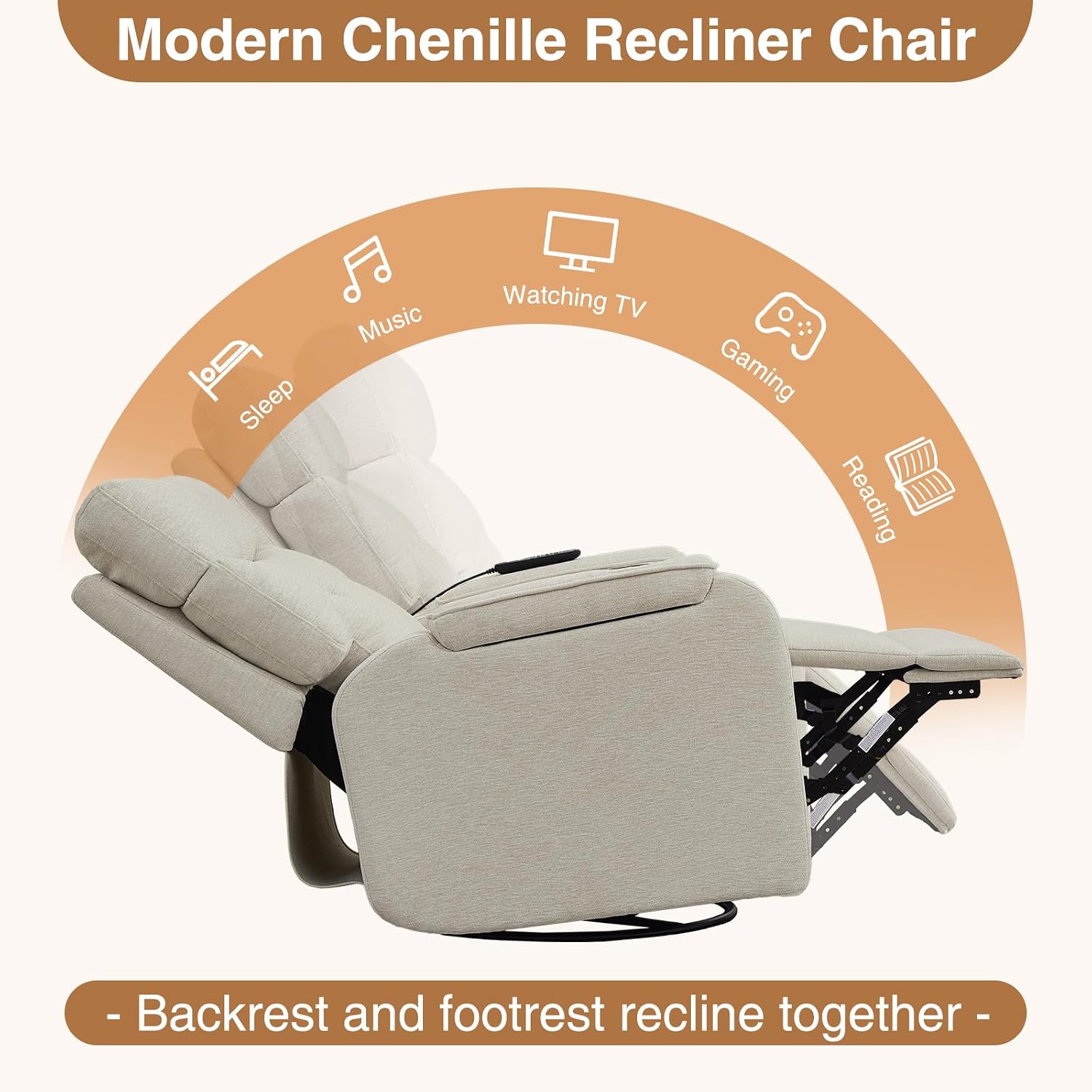 Power Swivel Rocker Recliner with Massage & Heat, Power Glider Recliners with Type-C Port & Timing, Oversized Swivel Glider Recliner with Dual Storage Arms & Cup Holder, Chenille Camel