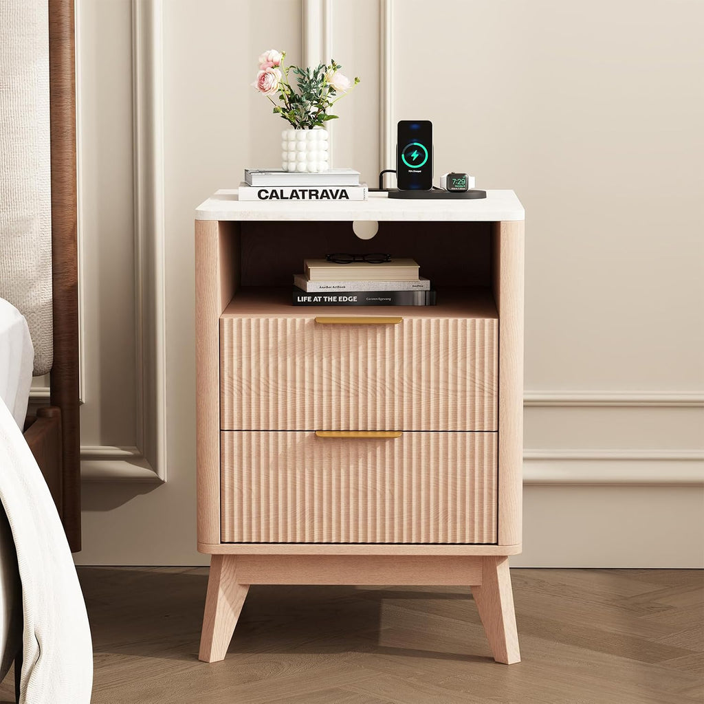 DUMOS Nightstand with Built-in Charging Station Set of 2, 18" Bedside Table with Faux Marble Top, Fluted Solid Wood End Table with 2 Drawers, Modern Compact Night Stand for Bedroom, Natural Oak