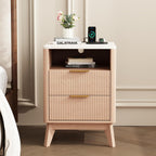 DUMOS Nightstand with Built-in Charging Station Set of 2, 18" Bedside Table with Faux Marble Top, Fluted Solid Wood End Table with 2 Drawers, Modern Compact Night Stand for Bedroom, Natural Oak