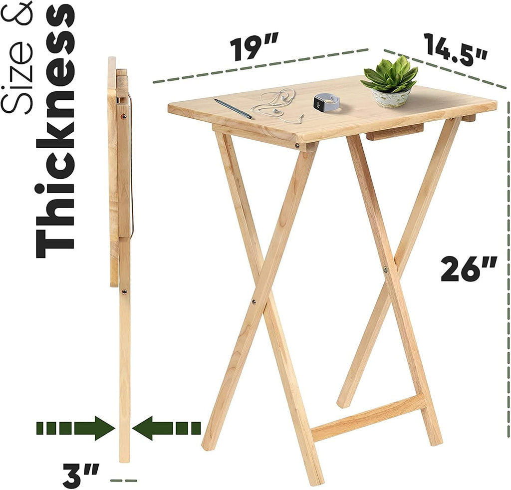 PJ Wood - 5-Pack Folding TV Tray Tables - Wooden Set with Storage Rack | Solid Rubberwood, 19.09 x 14.57 in Surface, 26 in Height, 3 in Collapsed Thickness, Stand Included, Indoor Use