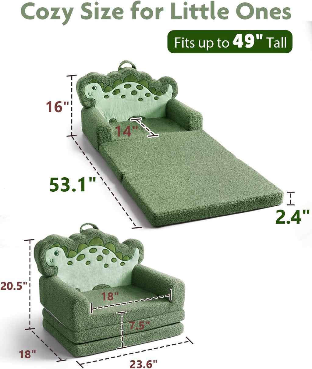 TinyPalsa Kids Couch, 2-in-1 Fold Out Sofa with Portable Handle, Comfy Lounger for up to 49" Tall, Green Dinosaur