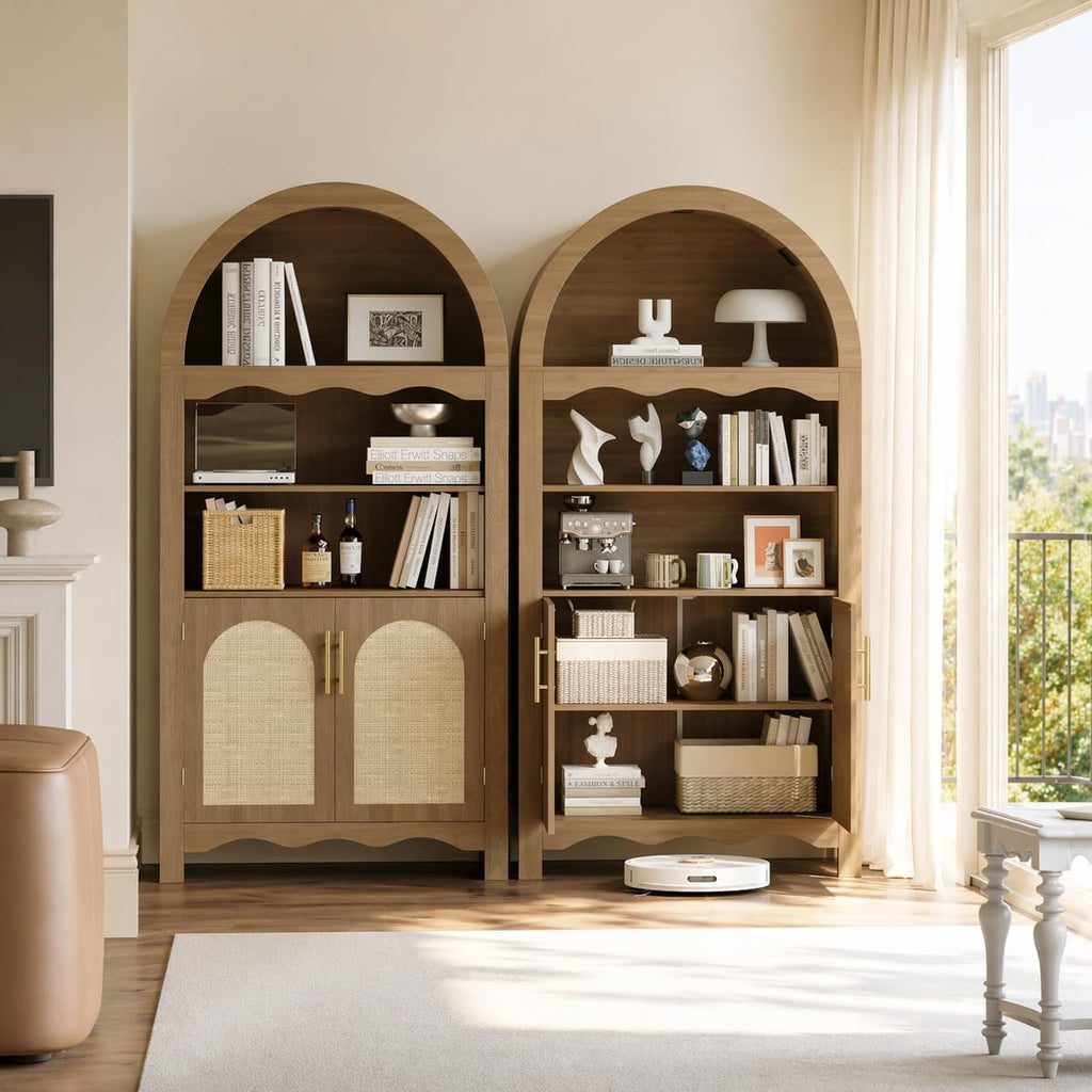 LINLUX 63" Arched Kitchen Pantry Cabinet, Arched Cabinet with Rattan Doors & Adjustable Shelves, Versatile Cupboard Arch Cabinets for Kitchen Storage, Dinning Room, Living Room, Entryway, Natural