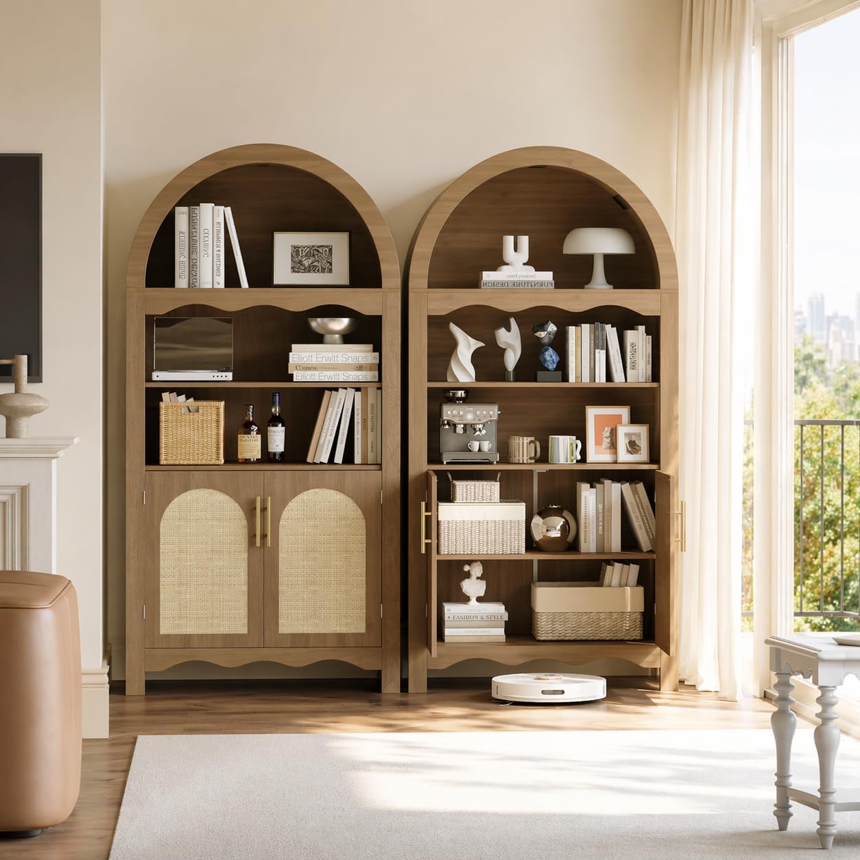 LINLUX 63" Arched Kitchen Pantry Cabinet, Arched Cabinet with Rattan Doors & Adjustable Shelves, Versatile Cupboard Arch Cabinets for Kitchen Storage, Dinning Room, Living Room, Entryway, Natural