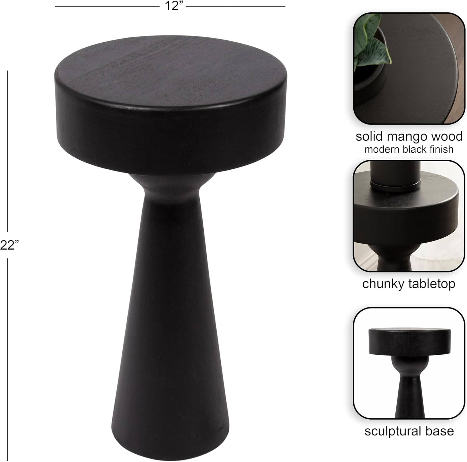 Kate and Laurel Solbrett Modern Sophisticated Round Side Table, 12 x 12 x 22, Black, Sculptural Living Room End Table with Unique Pedestal Table Design for Use as Bedroom Nightstand