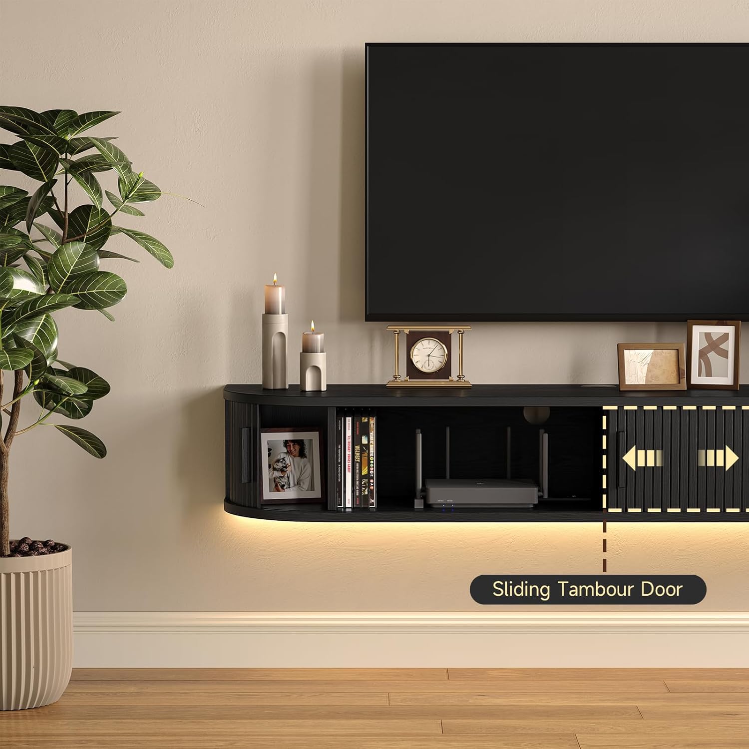 55" Floating TV Stand with Power Outlet for TVs up to 65", Fluted Entertainment Center with Remote Control for LED Lights, Mid-Century Modern TV Console w/Sliding Door for Living Room, Bedroom Black