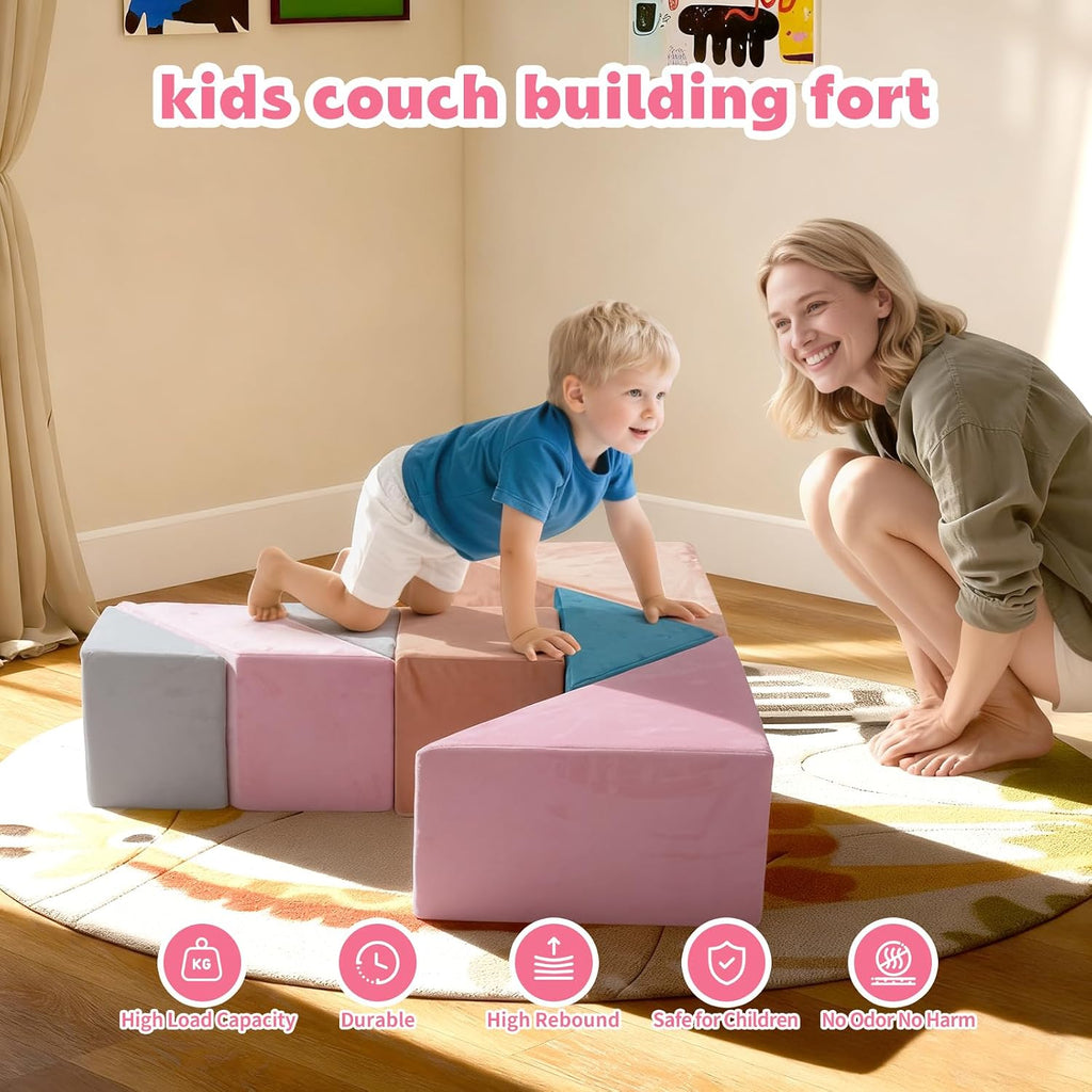 Modular Kids Play Couch Tangram Puzzles Kids Couch with Ball Pit (Balls not Included) Colorful Educational Building Blocks DIY Creativing Soft Play Activity Playset for Playroom Bedroom (Pink)