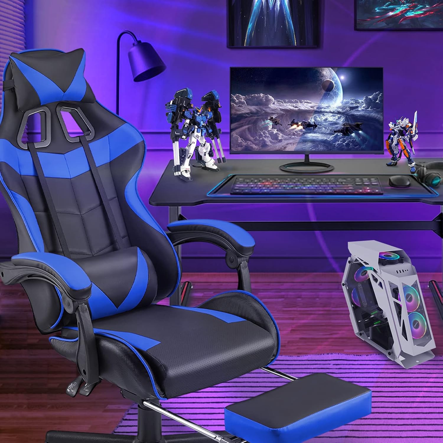 Huracan Gaming Chair with Footrest, Ergonomic Computer Chair Lumbar Support, Adjustable High Back Recliner for Adults, Racing Style Video Gaming Chairs, for Home Office Streaming, Blue