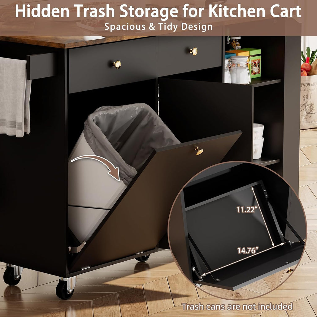 60" Kitchen Island with Folding Drop Leaf & Power Outlet-Rolling Kitchen Island with Spice Rack,Towel Rack, 2 Drawers-Island Table for Kitchen with Trash Storage Cabinet,Black