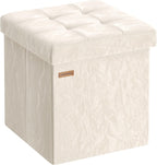 SONGMICS Storage Ottoman, Textured PU Leather Footstool, Foldable Footrest with Cushion, for Living Room and Bedroom, 15 x 15 x 15 Inch, White, Minota Collection ULSF522WD01