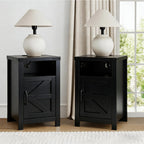 Farmhouse Nightstand Set of 2 with Charging Station, Modern Bedside Table with Barn Door and Shelf, Sofa Side Table End Table for Bedroom, Living Room, Black