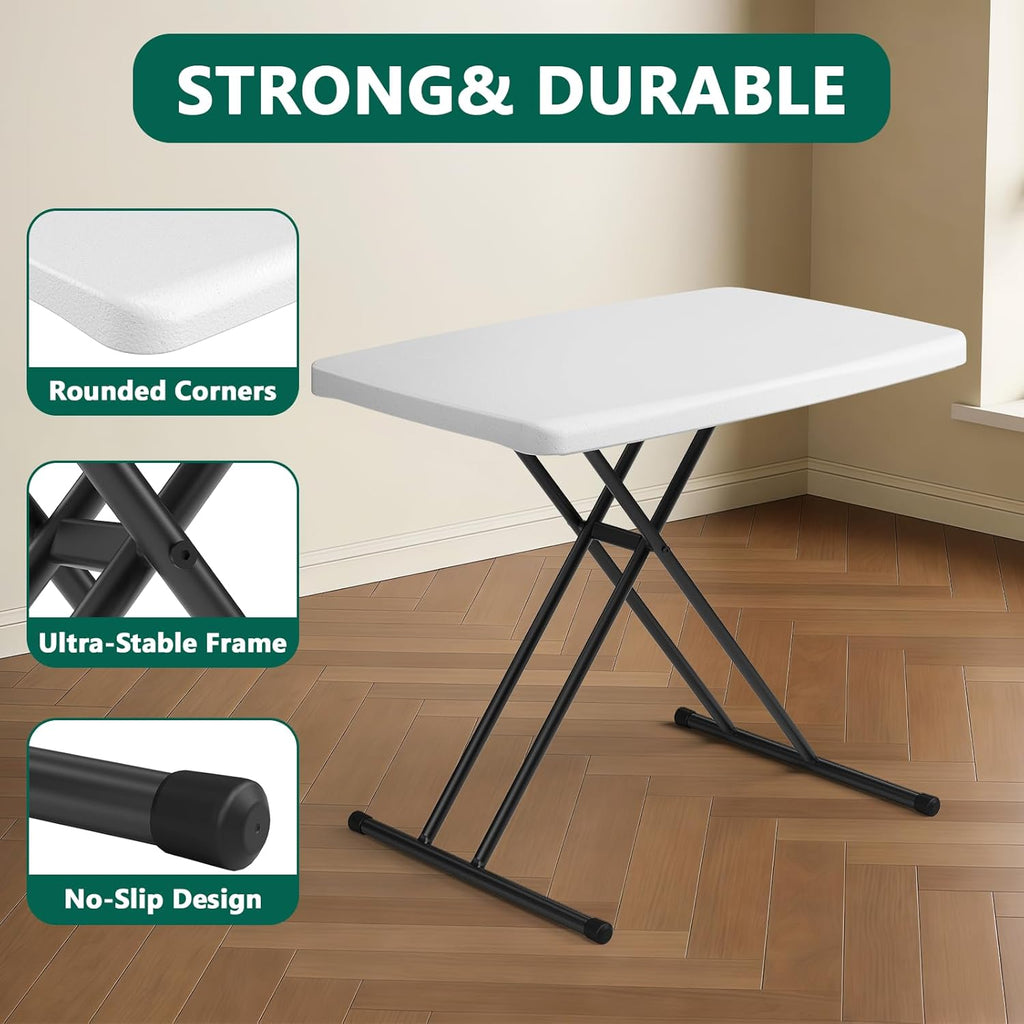 Folding Table 30 Inch - Small Desk Adjustable Height TV Tray for Laptop, Couch, Camping - Heavy Duty Utility Foldable Table for Small Spaces, No Assembly Required,Plastic White Granite