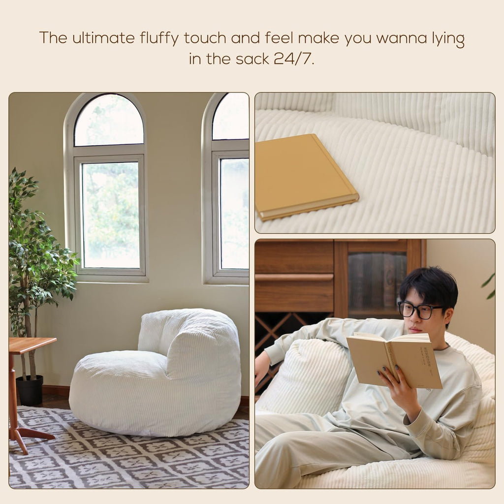 N&V Large Crescent Bean Bag Chair, Adult Size Bean Bag Sack, Foam Filling, Soft Premium Corduroy Bean Bag for Living Room Bedroom Dorm and Office (Black)
