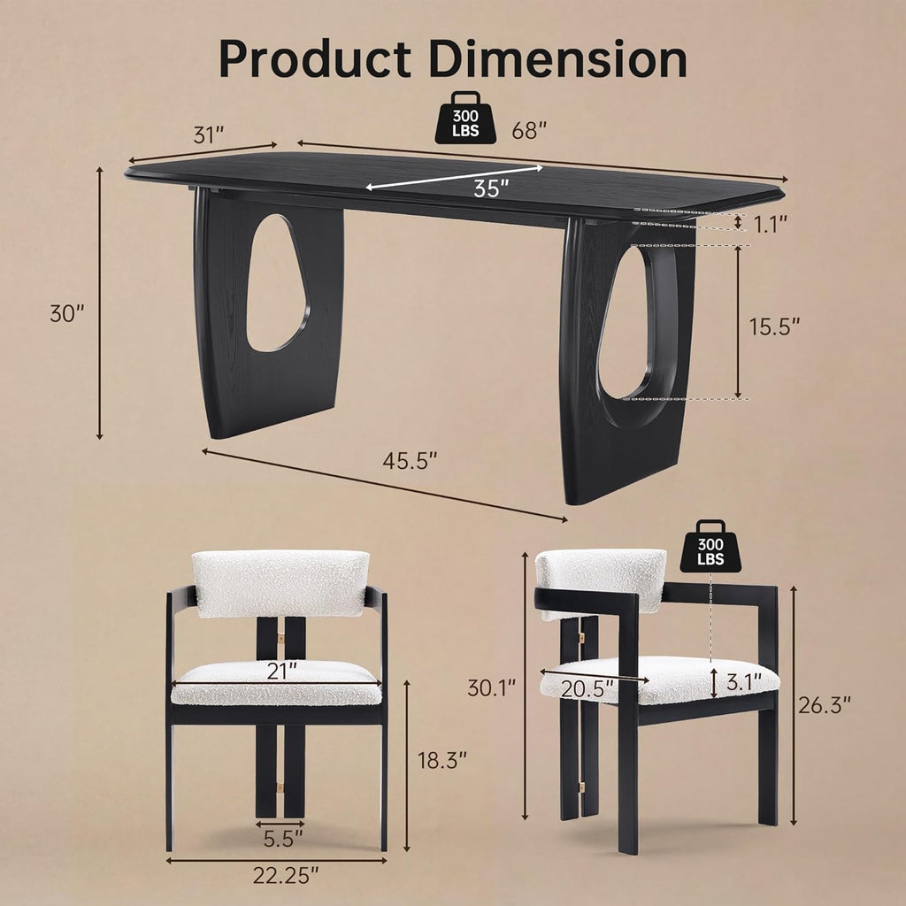 Morden Fort Modern Dining Table Set for 6, 68'' Rectangle Dining Table with 6 Chairs with Arms, Kitchen Table with Pedestal Base, Dinner Table for Dining Room, Kitchen, Living Room (Black)