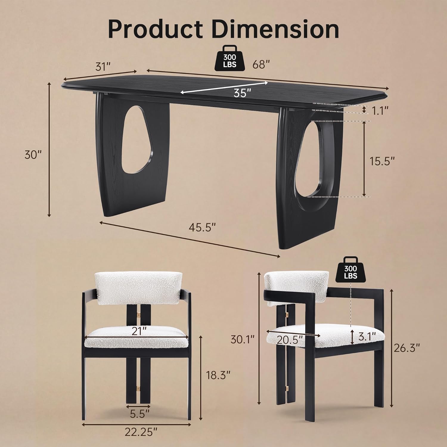 Morden Fort Modern Dining Table Set for 6, 68'' Rectangle Dining Table with 6 Chairs with Arms, Kitchen Table with Pedestal Base, Dinner Table for Dining Room, Kitchen, Living Room (Black)