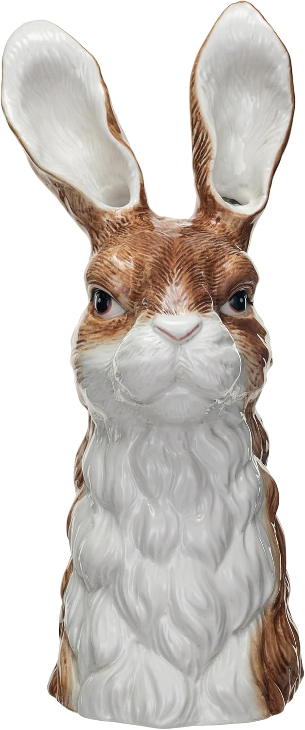 Creative Co-Op Hand-Painted Decorative Stoneware Rabbit Vase, Brown and White