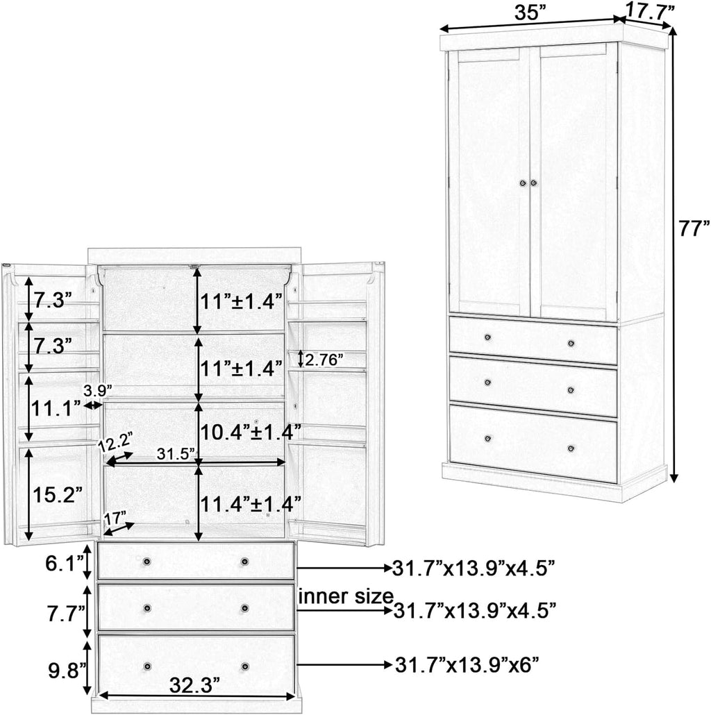 77inch Kitchen Pantry, Freestanding Tall Cupboard Storage Cabinet with 3 Adjustable Shelves, 8 Door Shelves, 3 Drawers for Kitchen, Dining Room White