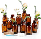 PINIWON Set of 12 Amber Bud Vases, Small Glass Vases, Vintage Medicine Bottles Apothecary Jars, Flower Vases for Home Decor, Wedding Centerpieces
