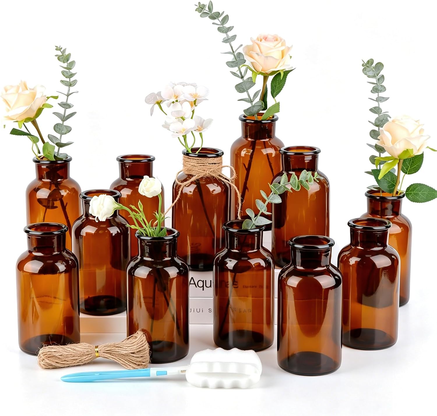 PINIWON Set of 12 Amber Bud Vases, Small Glass Vases, Vintage Medicine Bottles Apothecary Jars, Flower Vases for Home Decor, Wedding Centerpieces