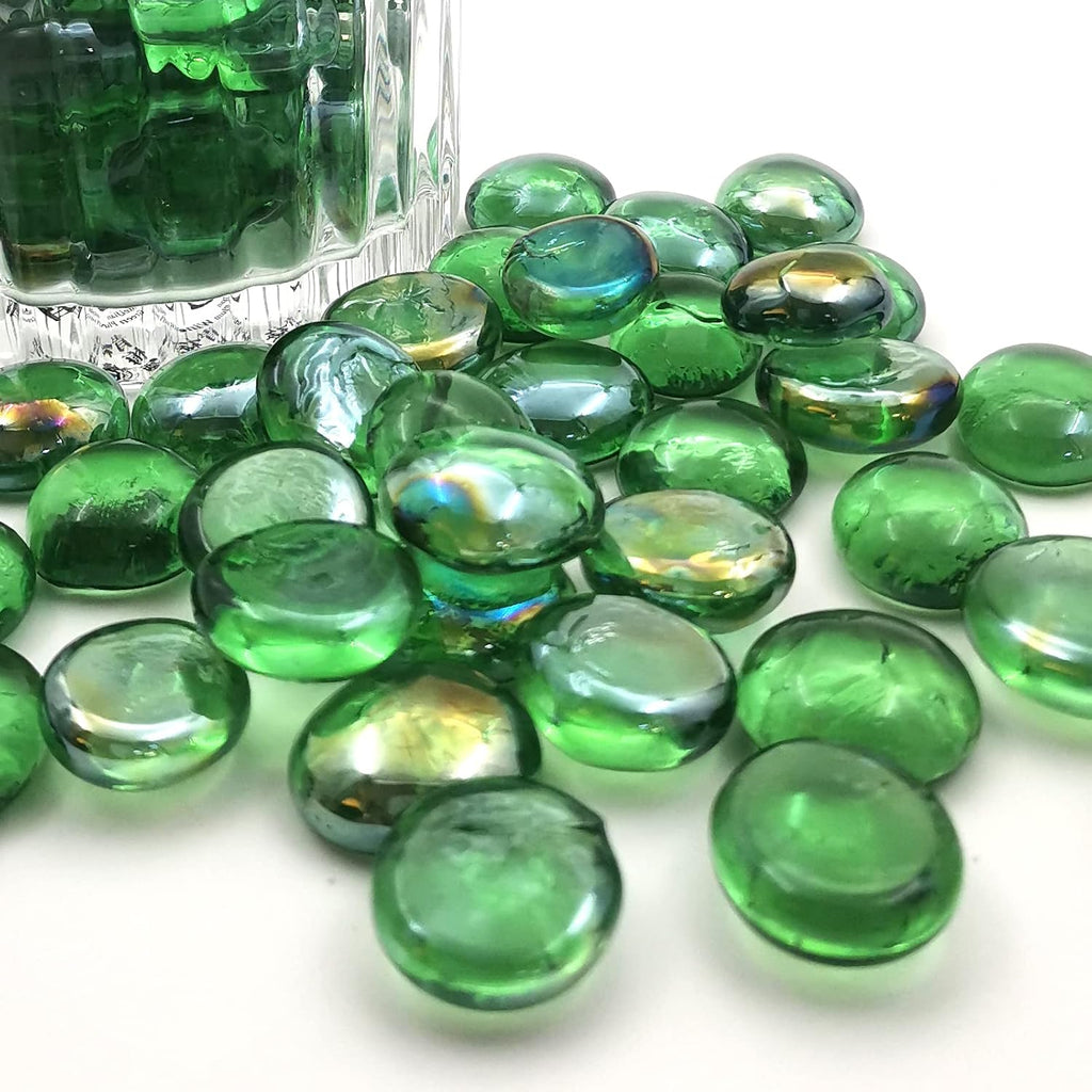 Flat Glass Marbles 1 Pound Vase Filler Fire Pit Glass Pebbles for Indoor Plants, Aquarium Fish Tank Decorations, Home Decor, Fire Pit, Landscaping, Arts Crafts (Green)