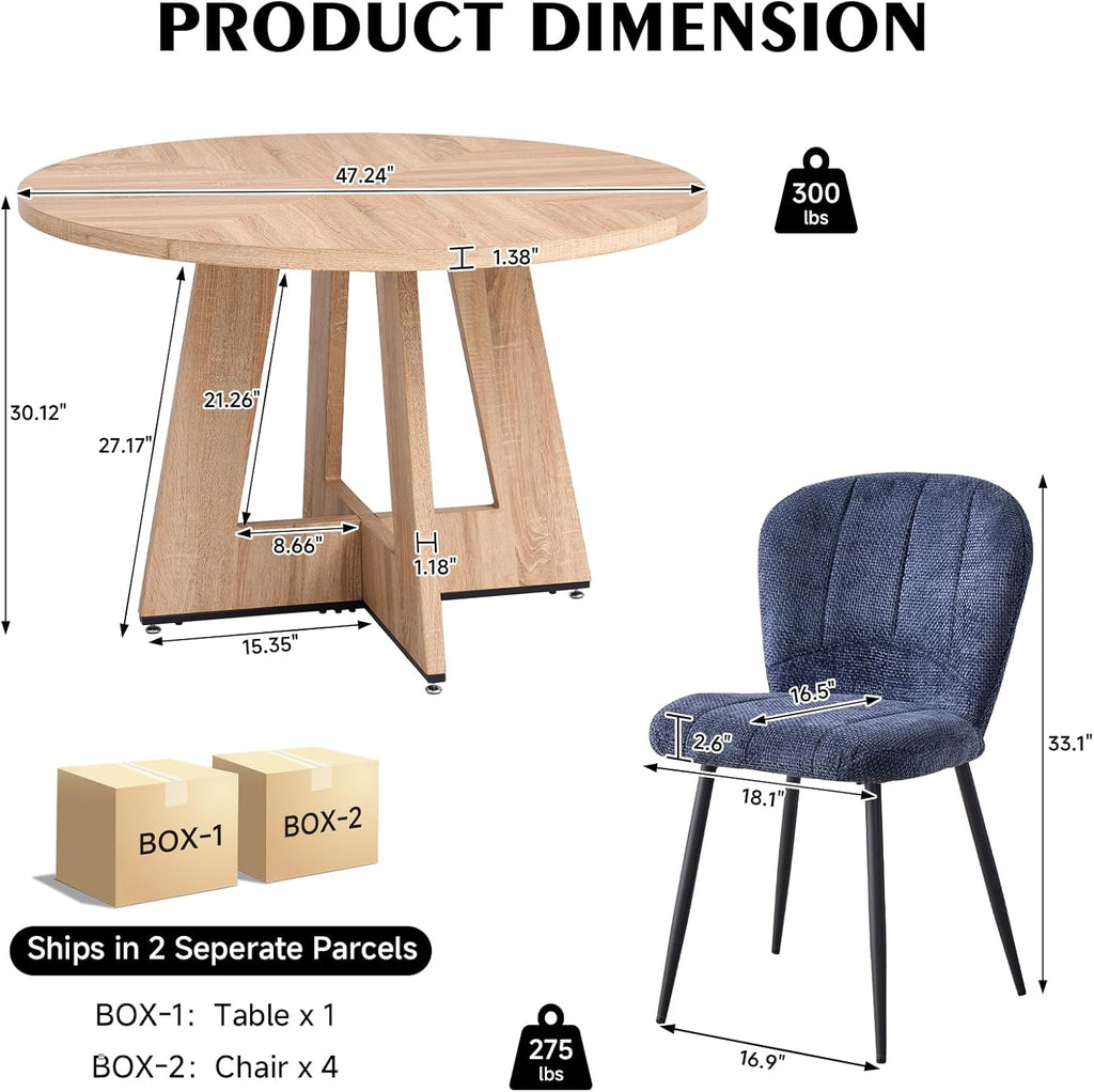 47" Round Dining Room Table Set for 4, [Fanned Base] [1.38" Thick Top] Wood Kitchen Table with 4 Chenille Dining Chairs