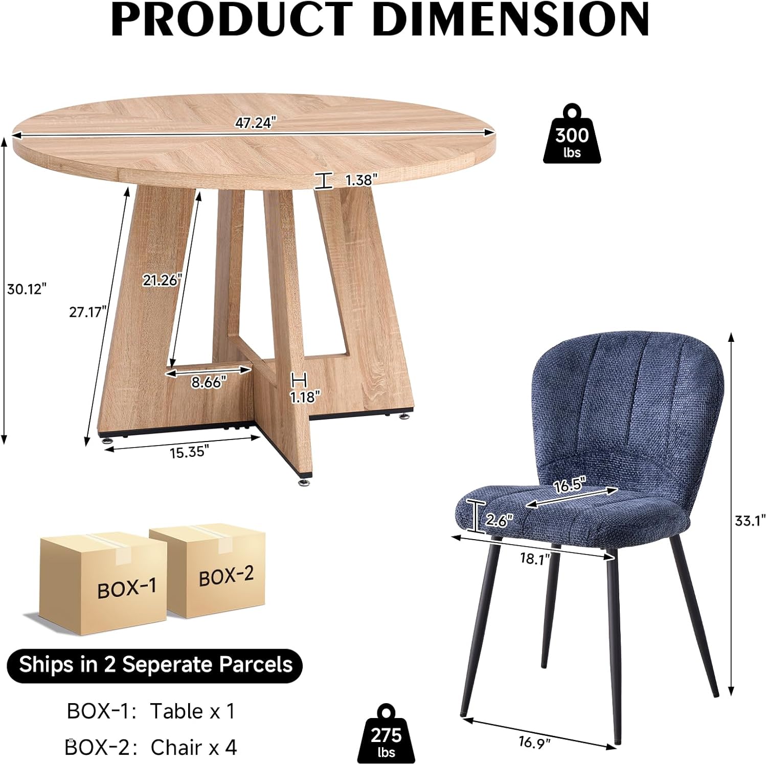 47" Round Dining Room Table Set for 4, [Fanned Base] [1.38" Thick Top] Wood Kitchen Table with 4 Chenille Dining Chairs