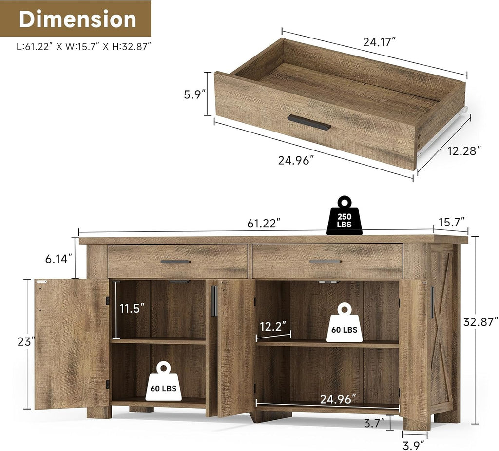 ONBRILL 61 Inch Sideboard Buffet Cabinet with Storage, Buffet Cabinet with 2 Drawers & 4 Doors, Farmhouse Sideboard with Adjustable Shelves, Coffee Bar Cabinets for Living Room, Kitchen, Rustic Brown