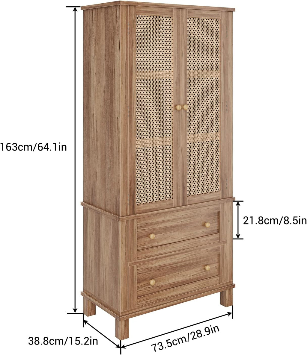 Kitchen Pantry Storage Cabinet, Kitchen Storage Cabinets with Rattan Doors and 2 Drawers, Pantry Cabinet with Adjustable Shelf, Adjustable Shelves for Dining Living Room