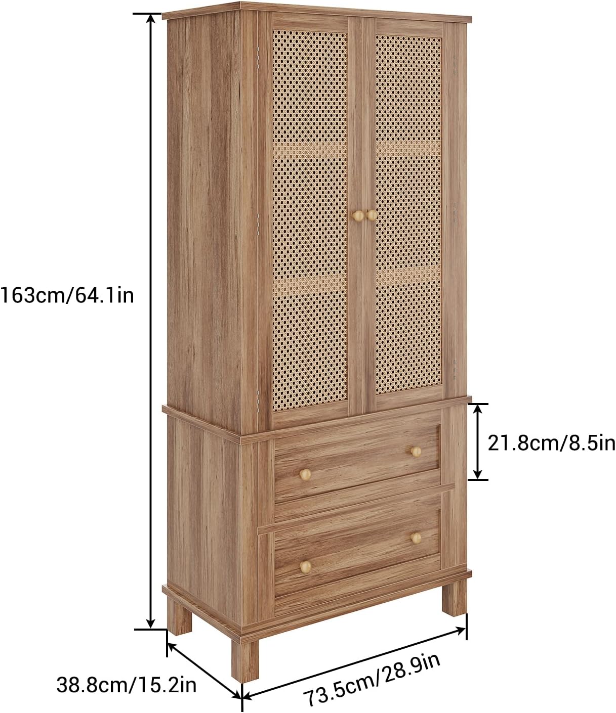 Kitchen Pantry Storage Cabinet, 64" Tall Pantry Cabinet with Rattan Doors and 2 Drawers,Storage Cabinet with & Adjustable Shelf, Wooden Utility Pantry for Kitchen, Dining Room