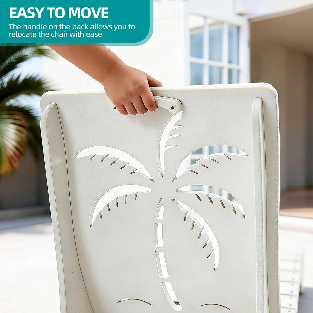 Folding in Pool Lounge Chair Set of 2, HDPE Fade Resistant Patio Chaise Sun Tanning Lounge Chairs, Ledge Lounger for Easy Carry, Palm Pattern for Beach Backyard Poolside Deck Wading Area White