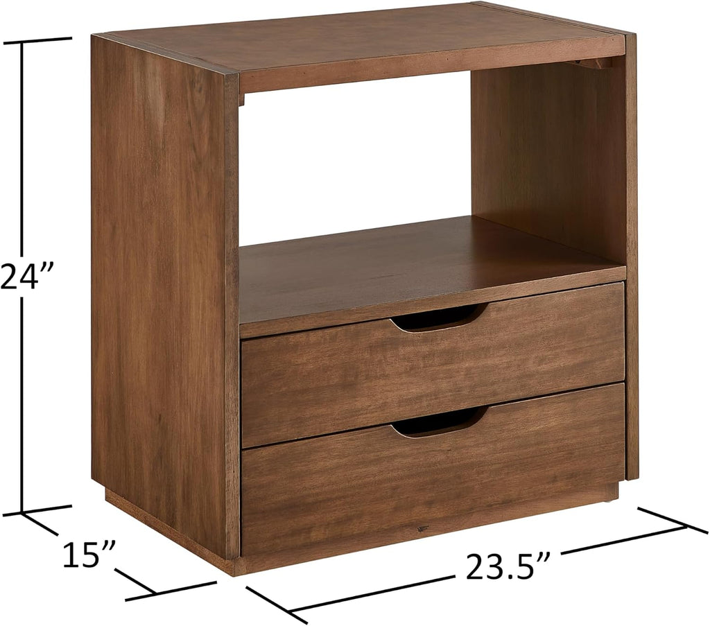 Vegan Leather Top Nightstand or End Table with Two Drawers and Open Shelf, Modern Plinth Base for Bedroom Living Room or Entryway