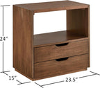 Vegan Leather Top Nightstand or End Table with Two Drawers and Open Shelf, Modern Plinth Base for Bedroom Living Room or Entryway