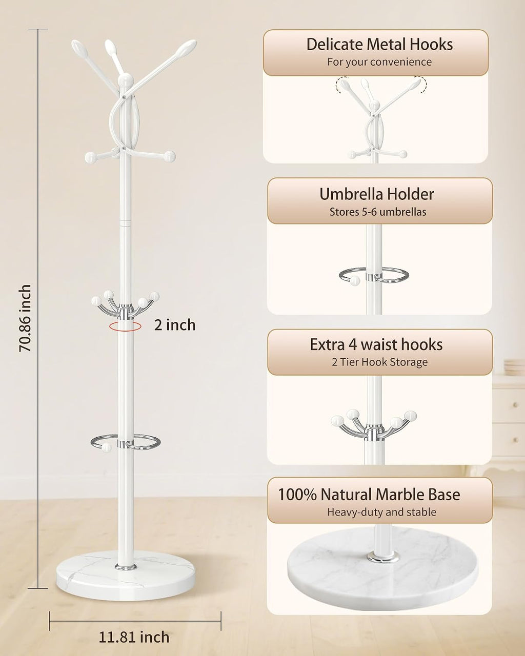 Metal Coat Rack with Natural Marble Base, Coat Rack Stand with 12 Hooks & Umbrella Holder, White Modern Freestanging Coat Racks, Coat Jacket Hanger Tree Stand for Corner Entryway Office
