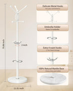 Metal Coat Rack with Natural Marble Base, Coat Rack Stand with 12 Hooks & Umbrella Holder, White Modern Freestanging Coat Racks, Coat Jacket Hanger Tree Stand for Corner Entryway Office