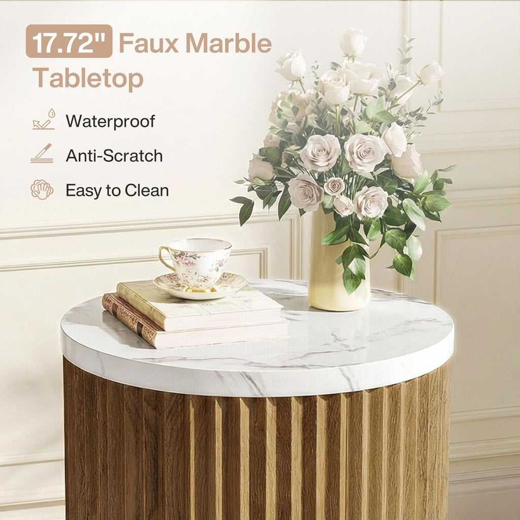 23.6-inch Round Side Table with Faux Marble Top, Drum Shape & Fluted Base - Stylish Small Nightstand for Living Room & Bedroom Decor Brown & White