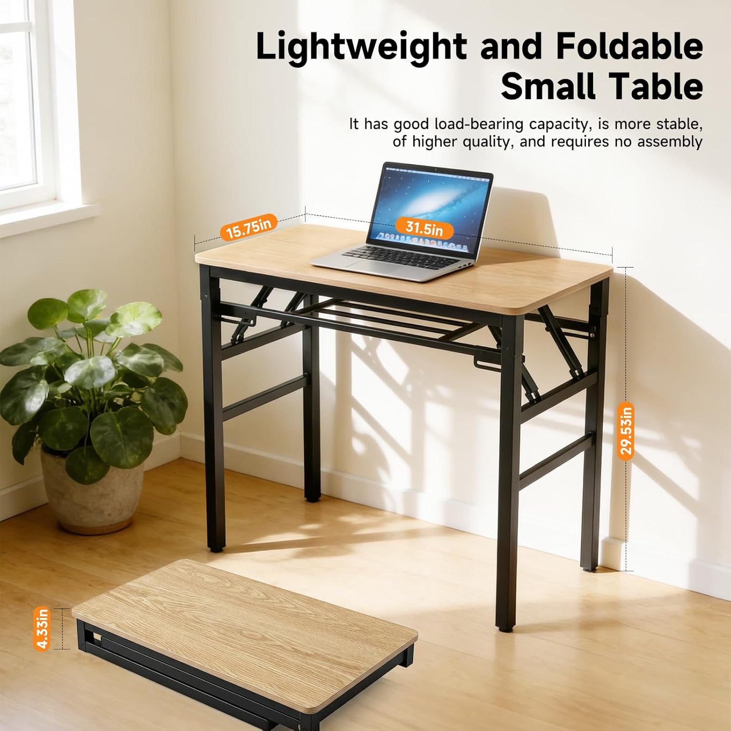 31.5-inch Small Folding Table, no Assembly Required, Suitable for use in Small Spaces Such as bedrooms, Apartments, Dormitories, etc., Easy to fold and Portable (Light Wood)