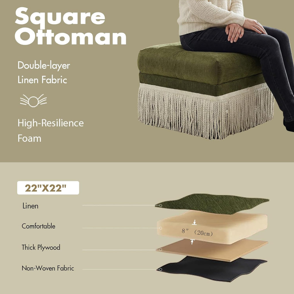 Hyfirm 22 Inch Square Green Ottoman with Fringe for Living Room, Plush Footstool Ottoman for for Bedroom, Modern Boho Upholstered Accent Pouf Ottomans Foot Rest